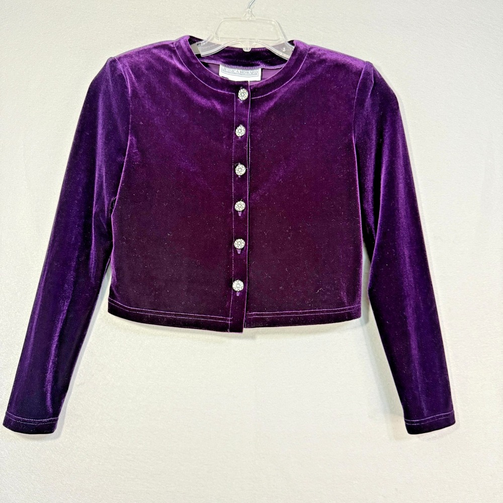 Vintage Jessica Howard Velvet Cropped Y2K Cardigan Womens Size 6 Dark Romantic